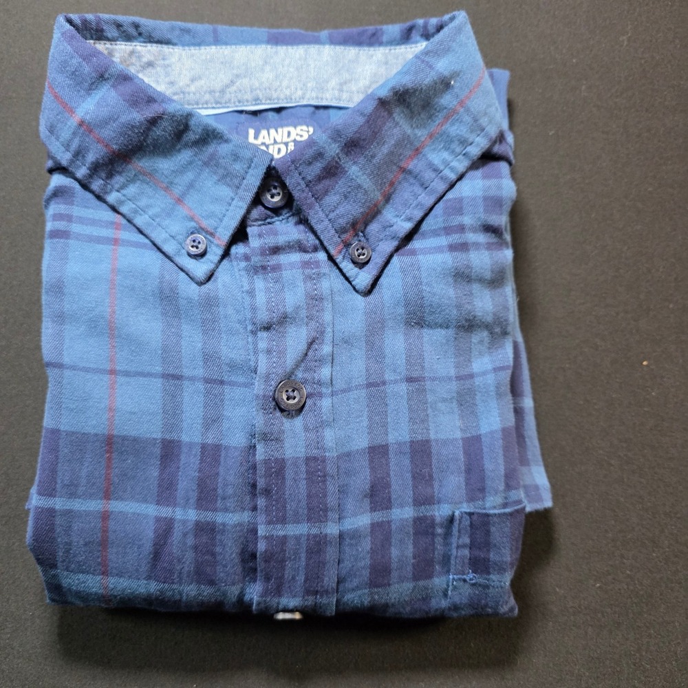 Lands End Mens Large Blue Plaid Long Sleeve Button Down Shirt Cotton Regular Fit
